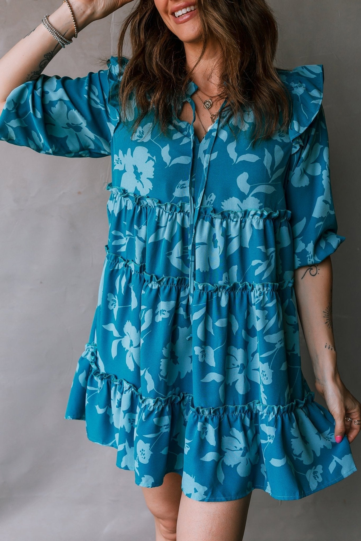 Women's Floral Tiered Ruffle Mini Dress in Cerulean Blue