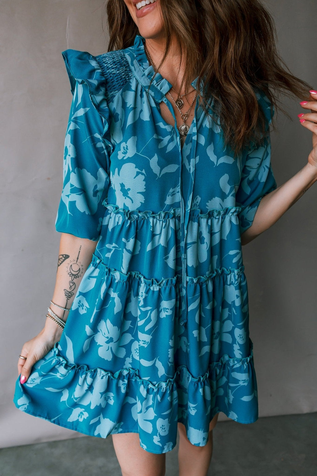 Women's Floral Tiered Ruffle Mini Dress in Cerulean Blue