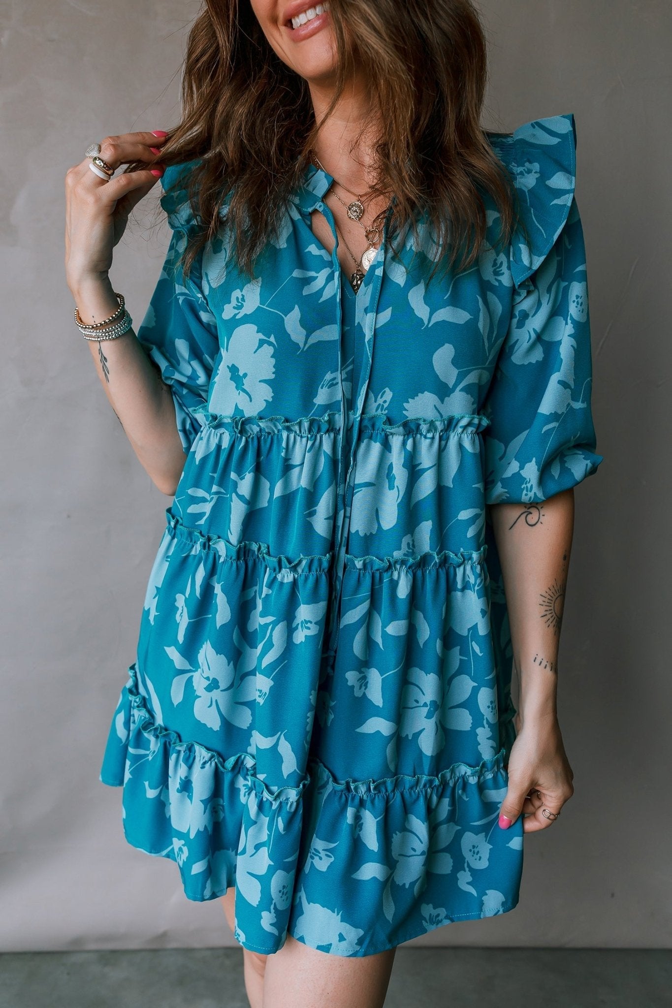 Women's Floral Tiered Ruffle Mini Dress in Cerulean Blue