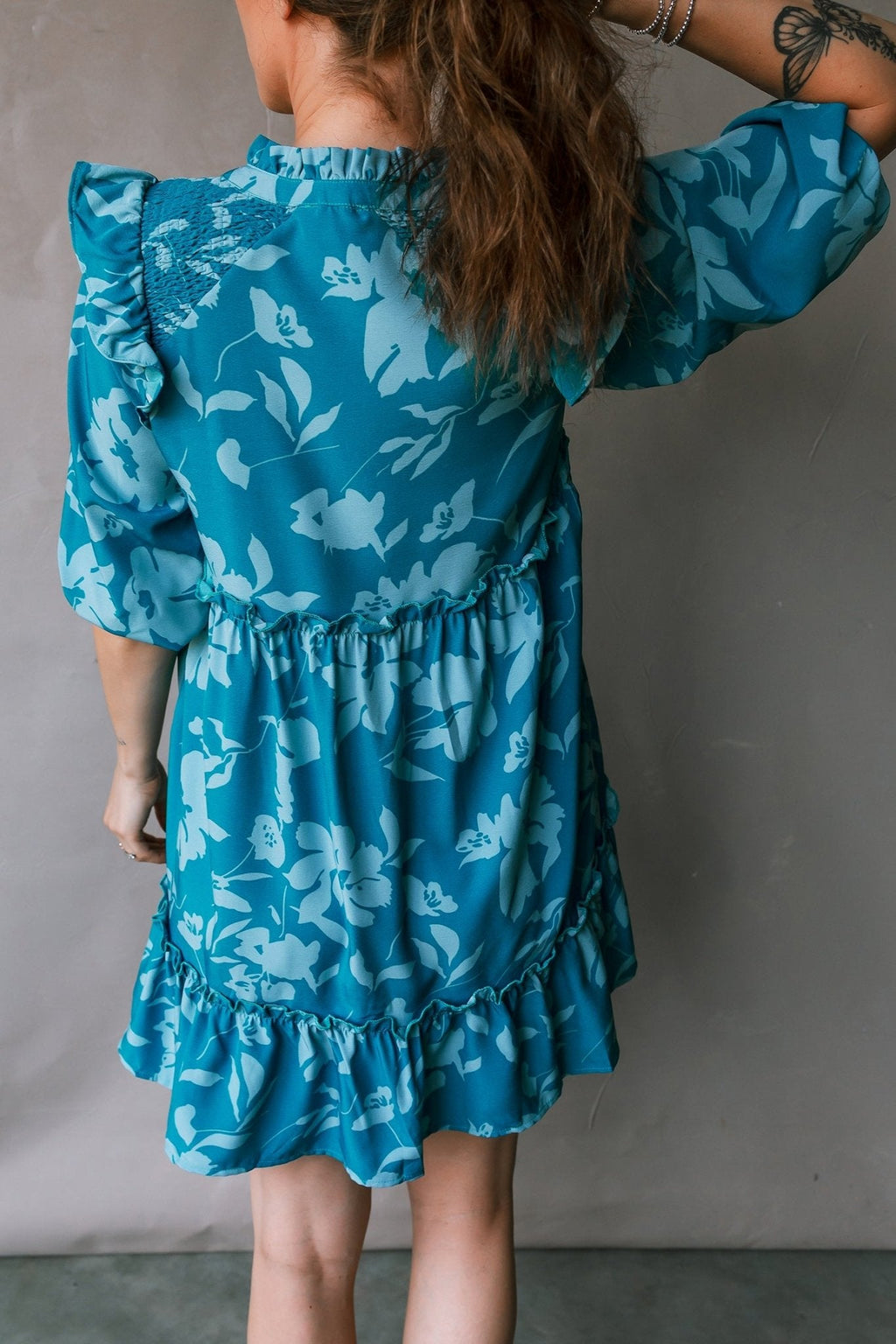 Women's Floral Tiered Ruffle Mini Dress in Cerulean Blue