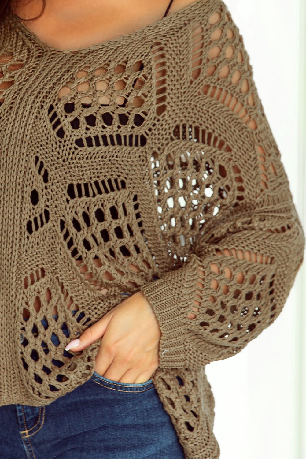Women's Khaki Pointelle Knit V-Neck Dolman Sleeve Sweater