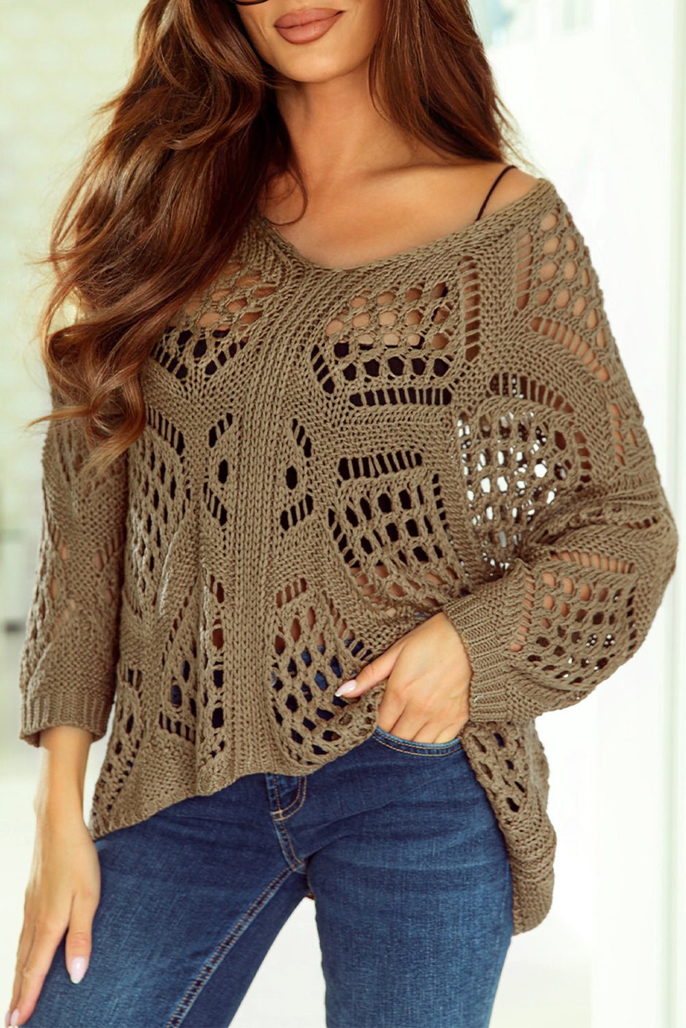 Women's Khaki Pointelle Knit V-Neck Dolman Sleeve Sweater