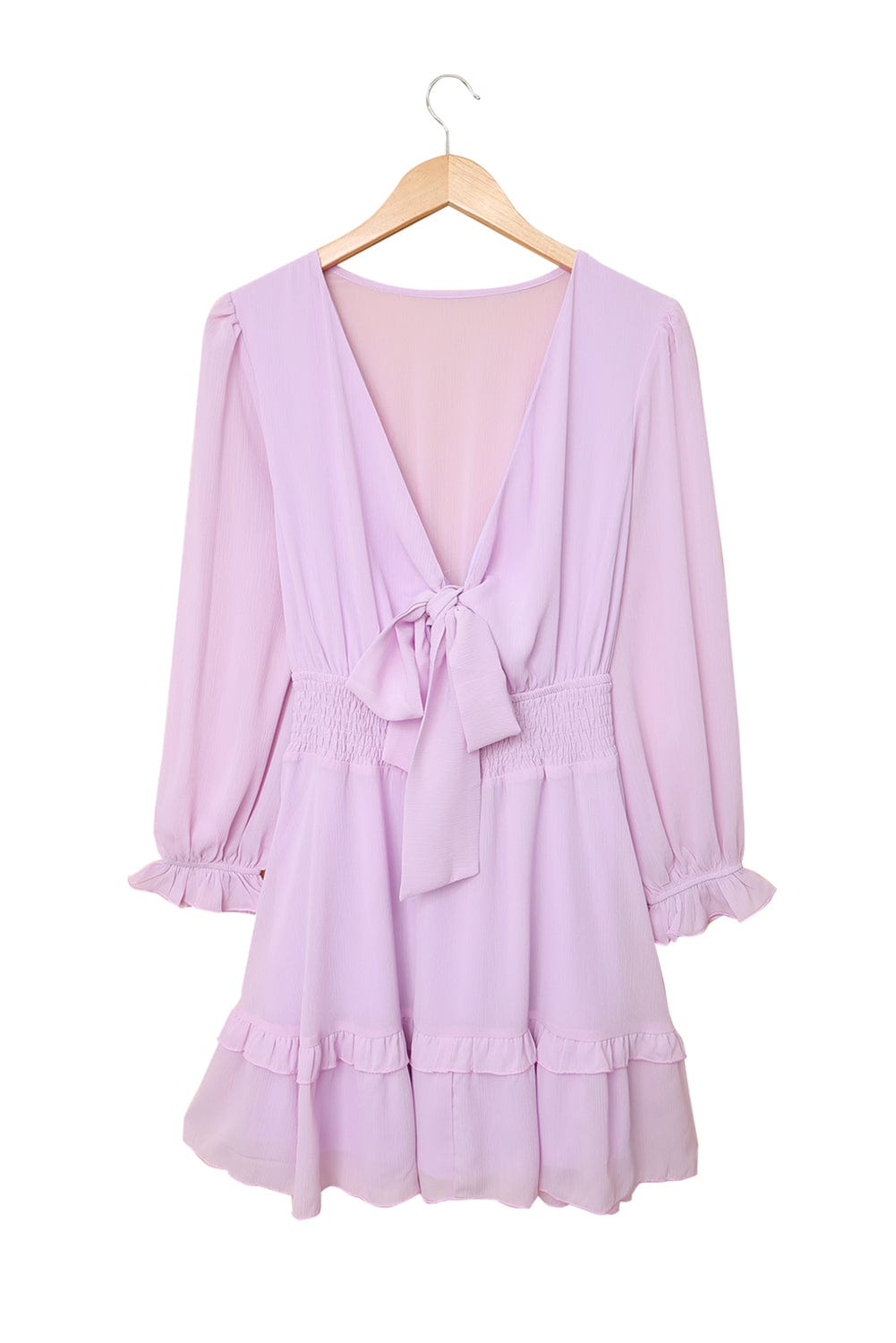 Printed Waist Strap V Neck Long Sleeved Mini Dress