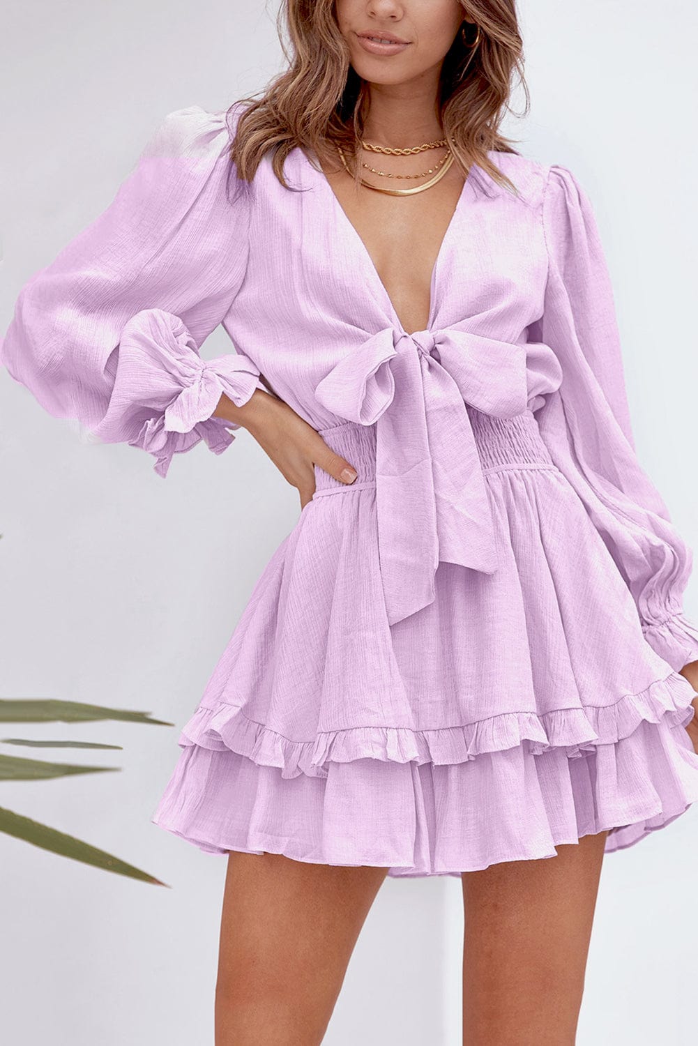 Printed Waist Strap V Neck Long Sleeved Mini Dress