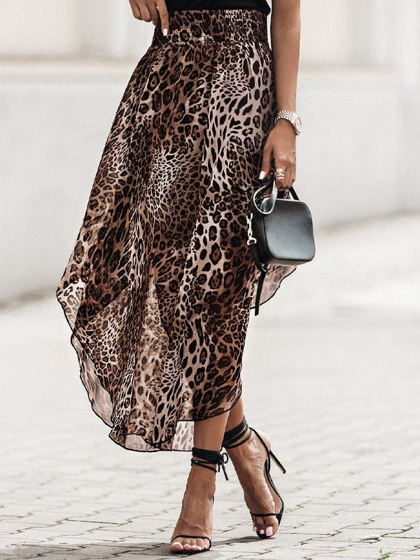 Women's Leopard Print Smocked High Waist Chiffon Maxi Skirt