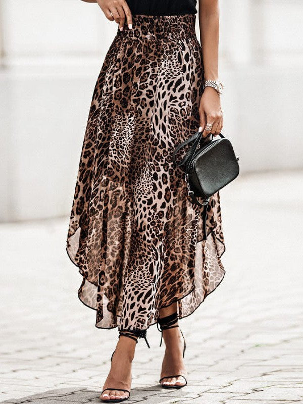Women's Leopard Print Smocked High Waist Chiffon Maxi Skirt