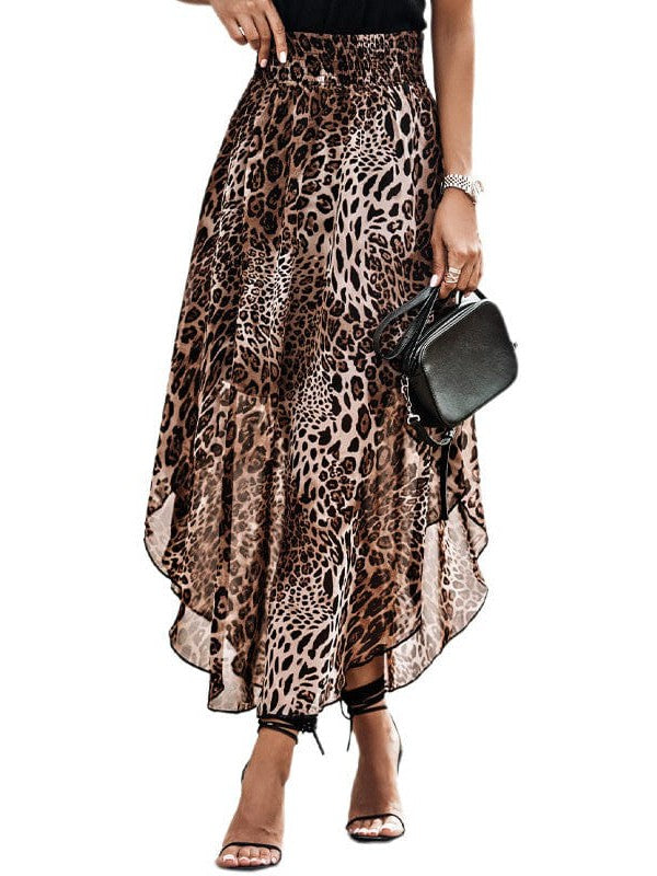 Women's Leopard Print Smocked High Waist Chiffon Maxi Skirt