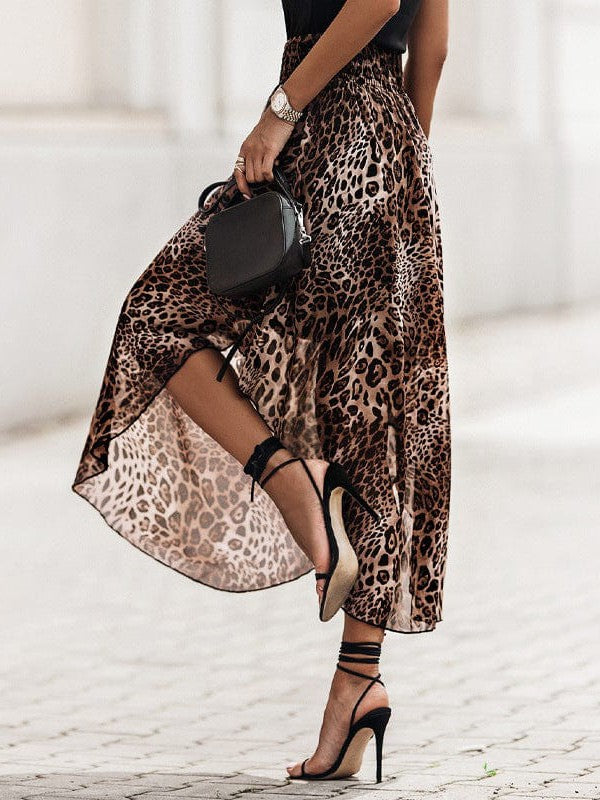 Women's Leopard Print Smocked High Waist Chiffon Maxi Skirt