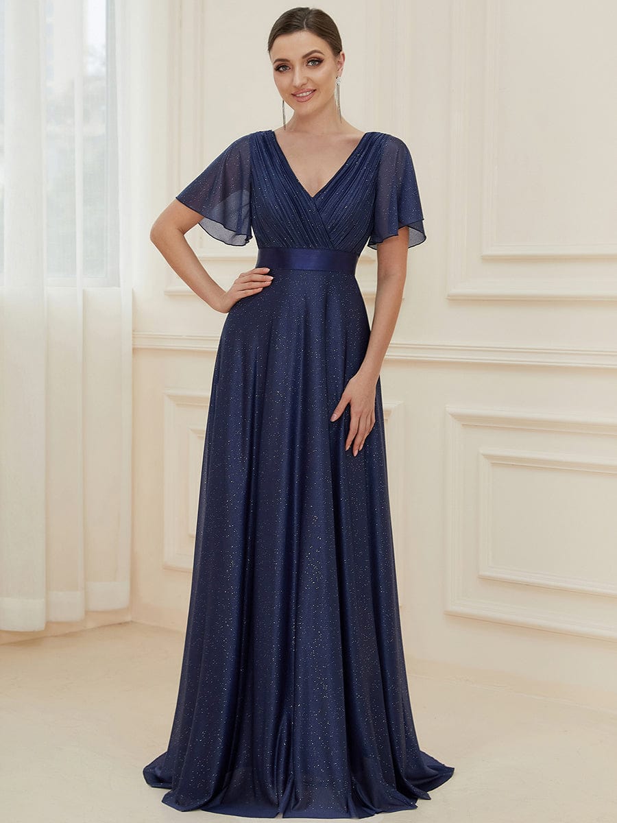 Moonlit V-Neck Ruffle Sleeved Evening Dress