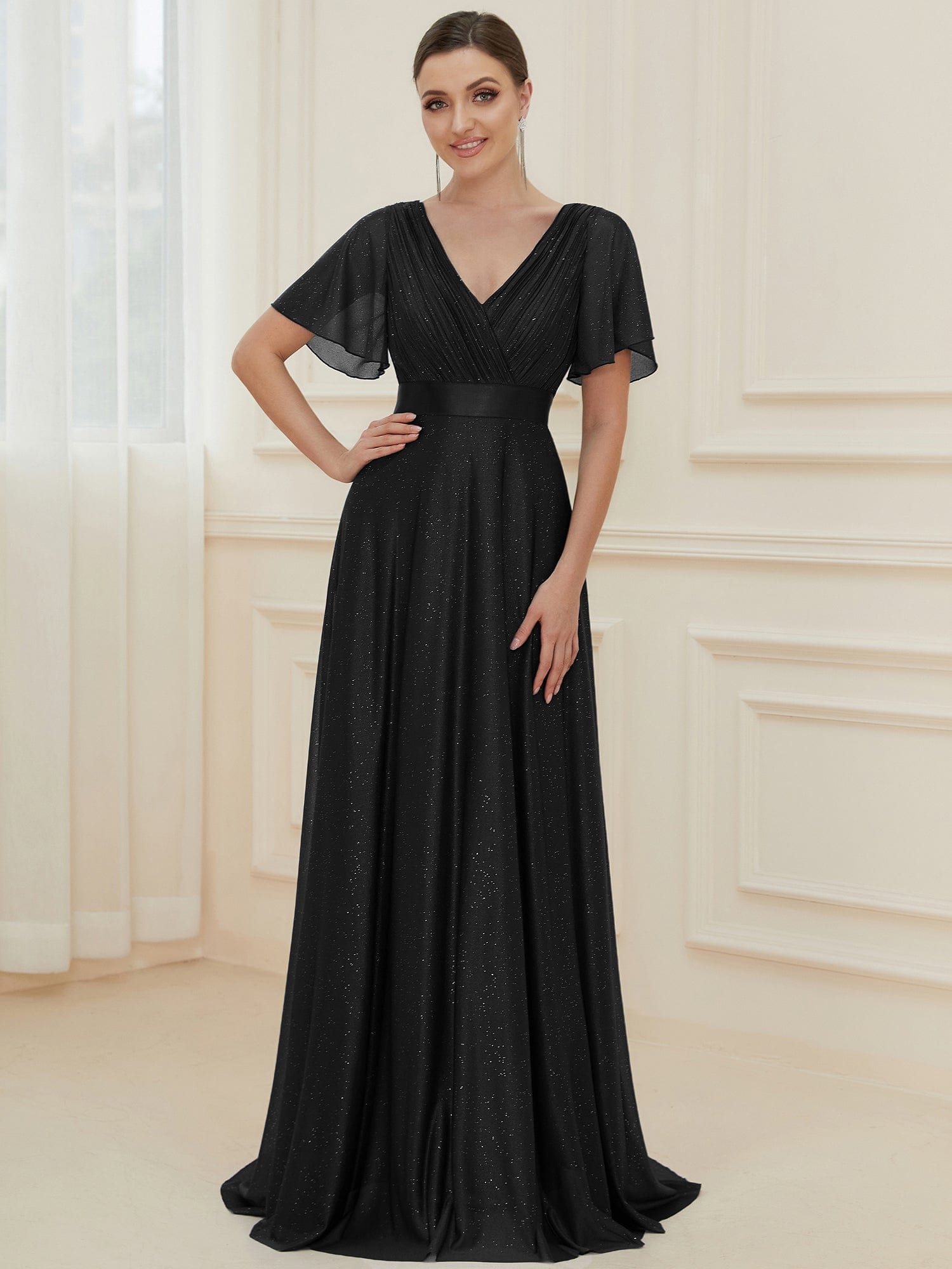 Moonlit V-Neck Ruffle Sleeved Evening Dress