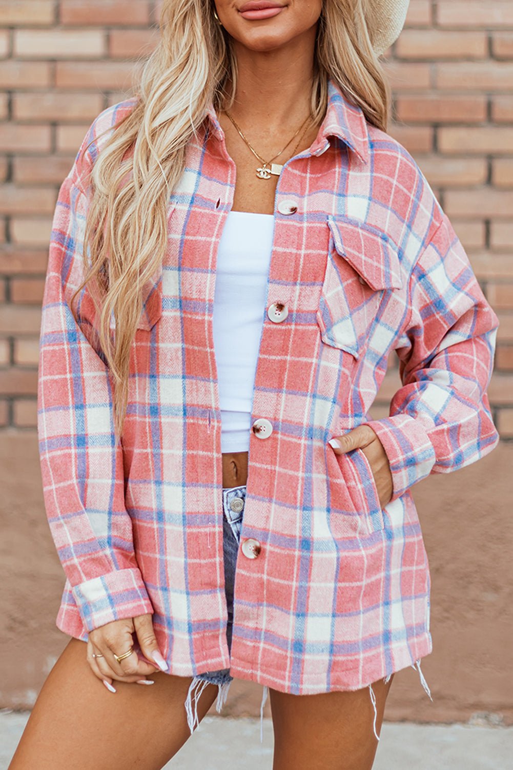 Women's Oversized Rose and Ivory Plaid Flannel Shacket with Flap Pockets with practical styling and dependable silhouette control.