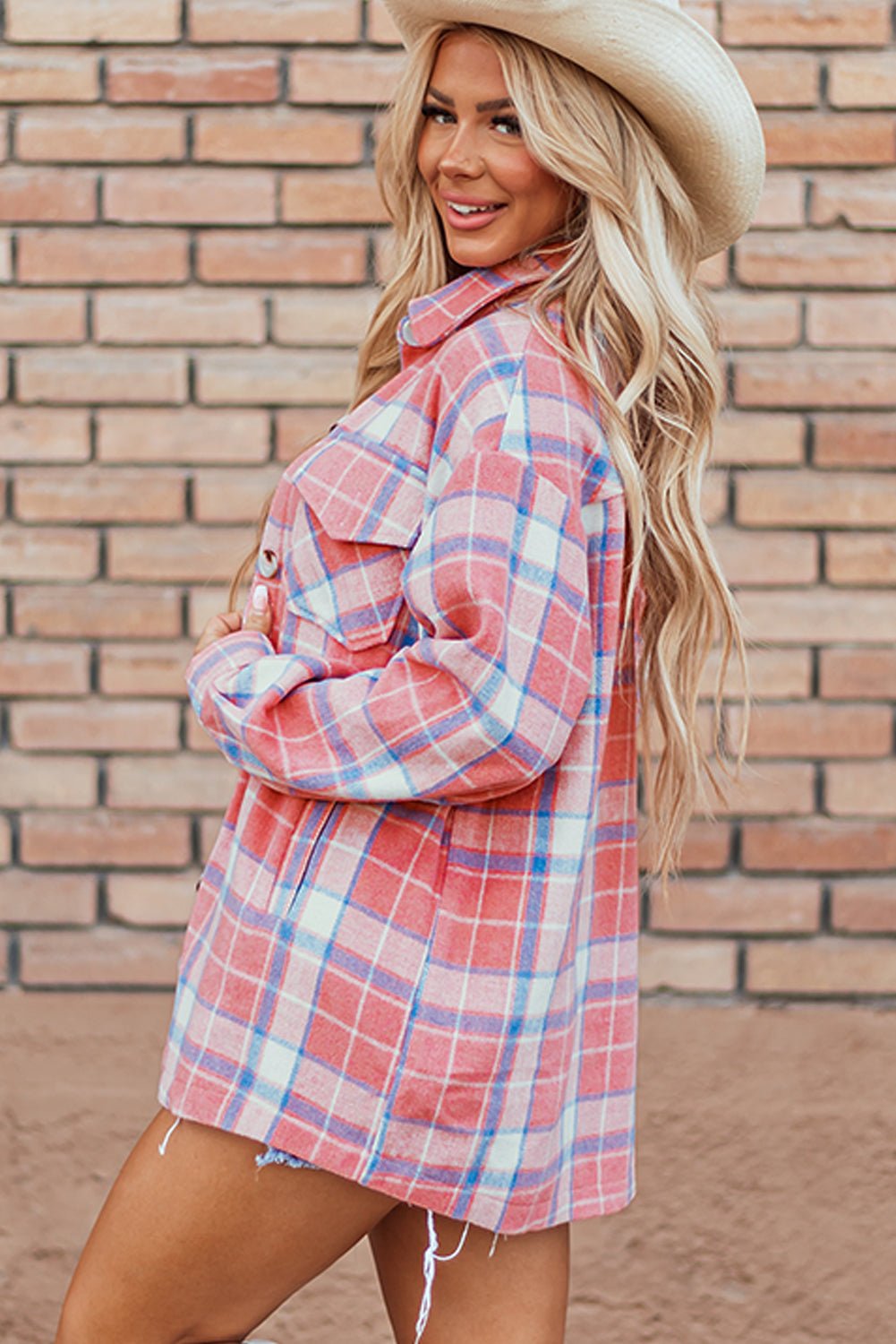 Women's Oversized Rose and Ivory Plaid Flannel Shacket with Flap Pockets with practical styling and dependable silhouette control.