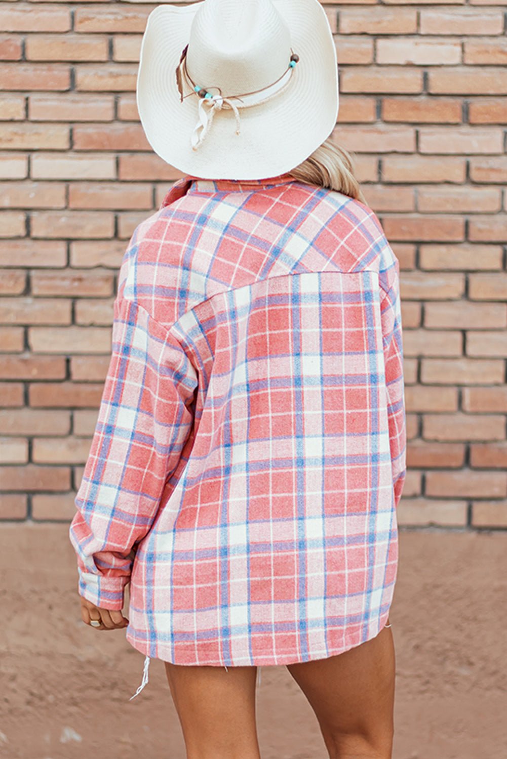 Women's Oversized Rose and Ivory Plaid Flannel Shacket with Flap Pockets with practical styling and dependable silhouette control.