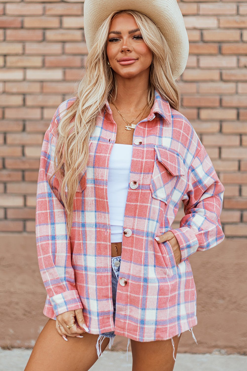 Women's Oversized Rose and Ivory Plaid Flannel Shacket with Flap Pockets with practical styling and dependable silhouette control.