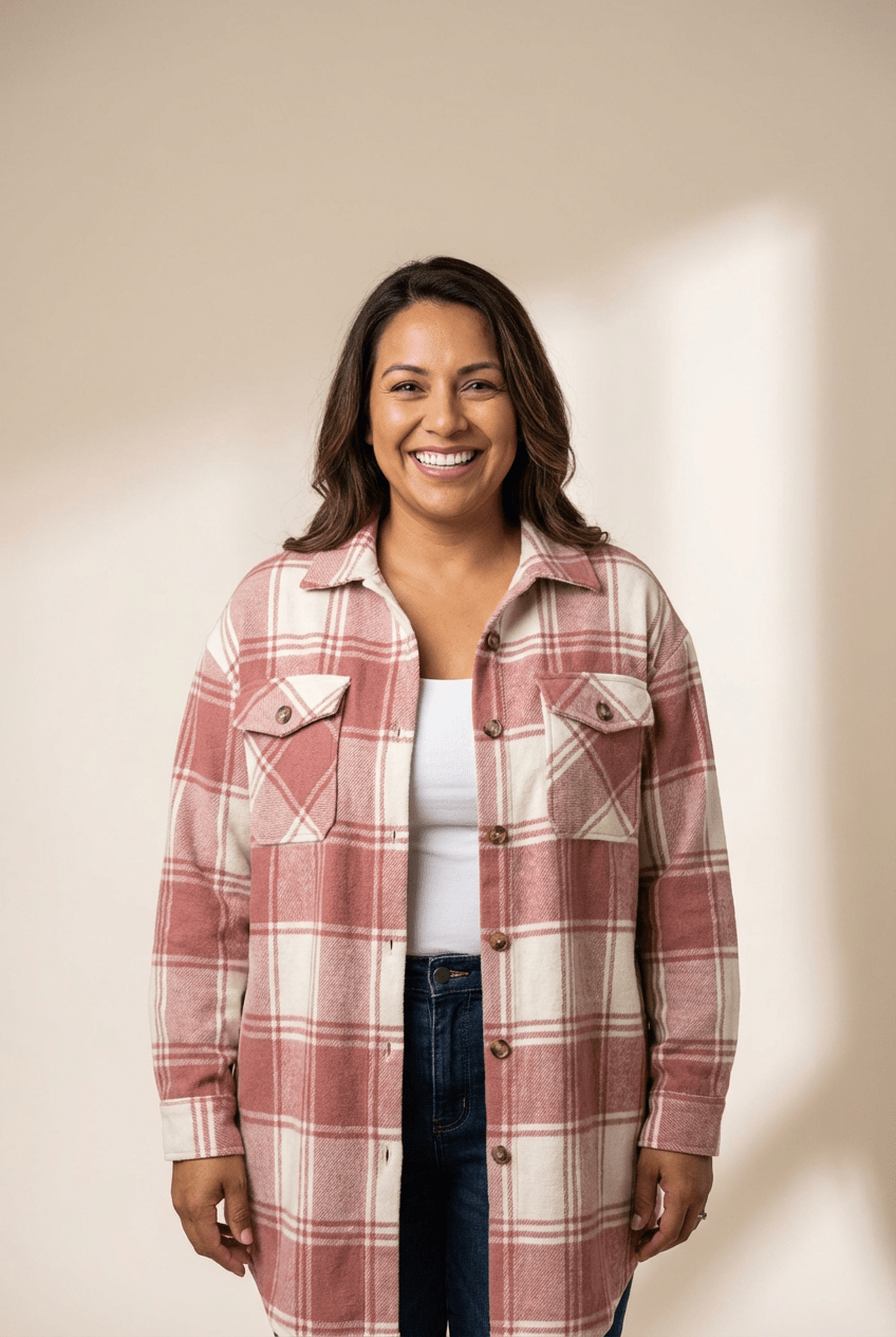 Women's Oversized Rose and Ivory Plaid Flannel Shacket with Flap Pockets with practical styling and dependable silhouette control.