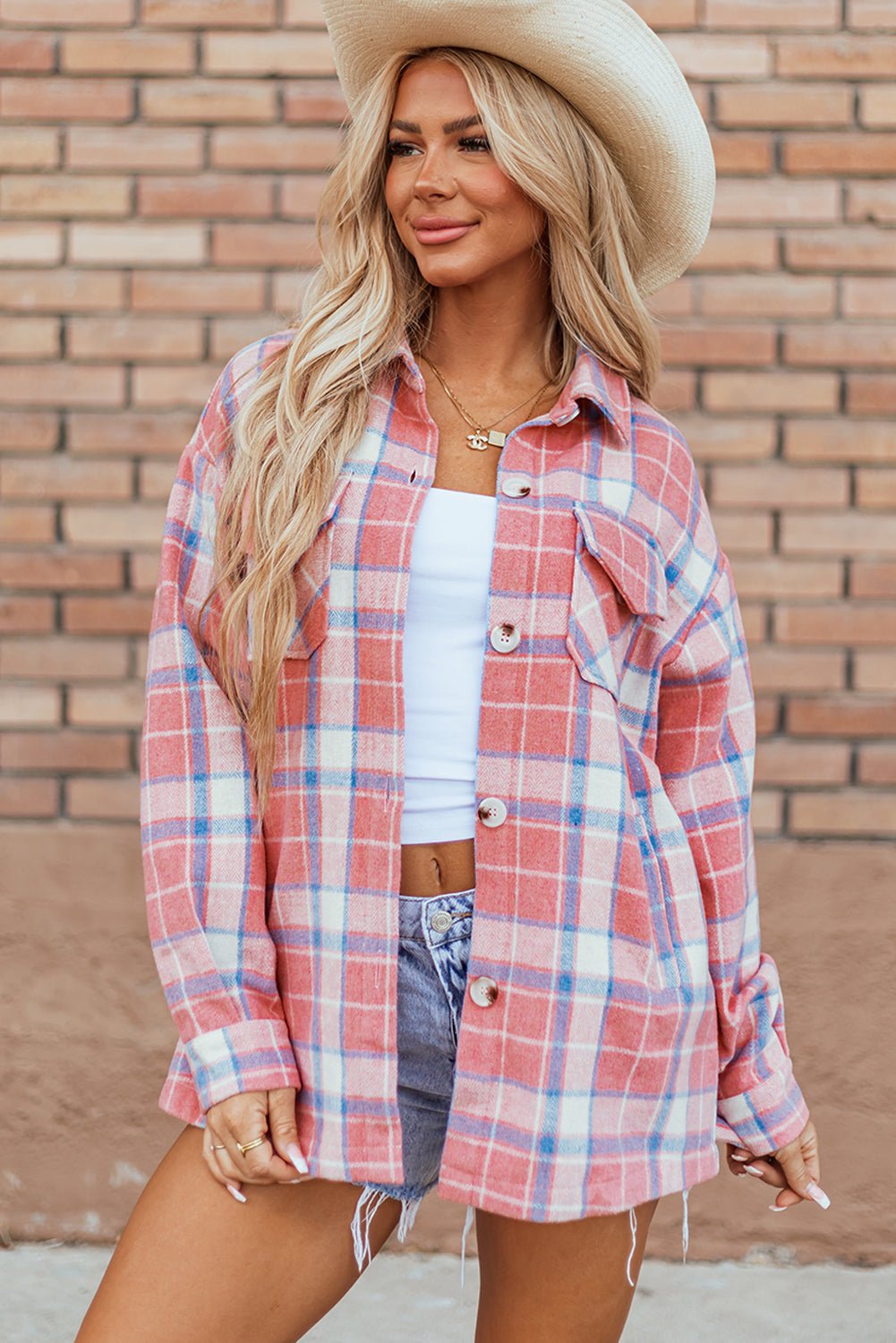 Women's Oversized Rose and Ivory Plaid Flannel Shacket with Flap Pockets with practical styling and dependable silhouette control.
