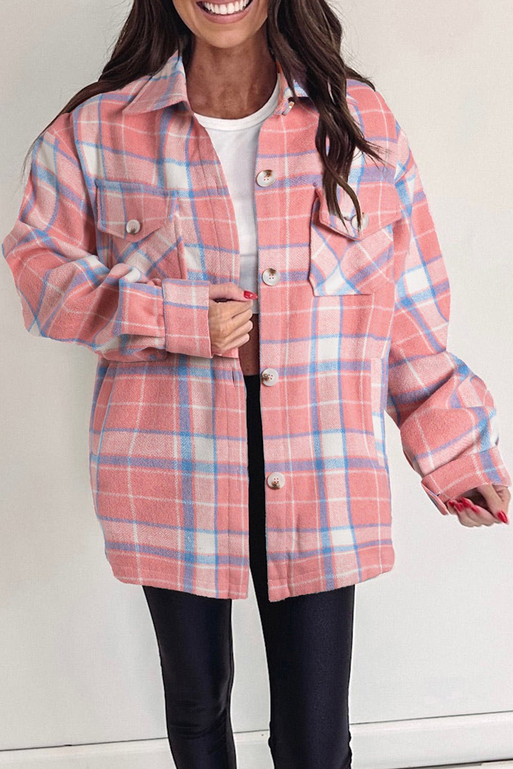 Women's Oversized Rose and Ivory Plaid Flannel Shacket with Flap Pockets with practical styling and dependable silhouette control.
