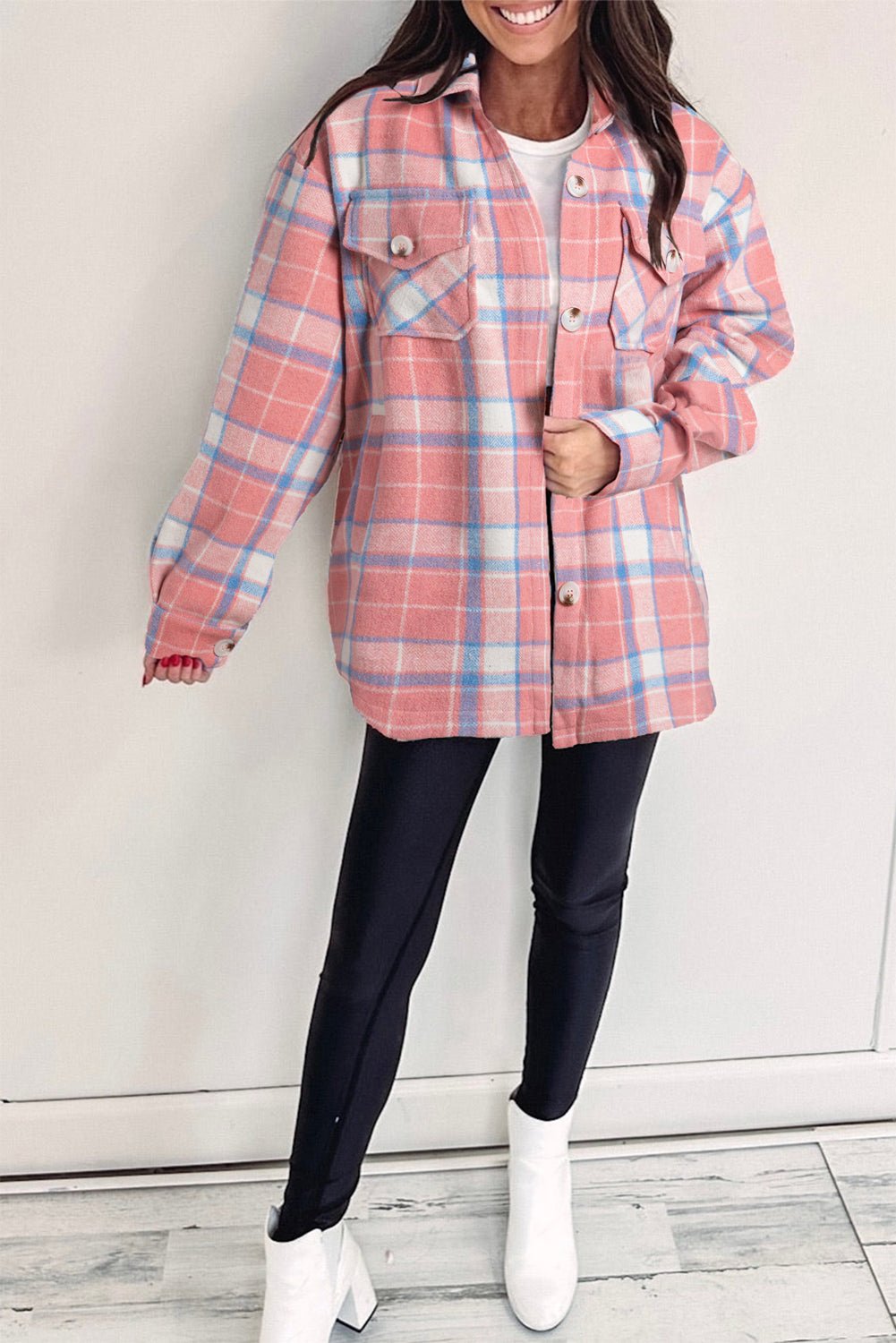Women's Oversized Rose and Ivory Plaid Flannel Shacket with Flap Pockets with practical styling and dependable silhouette control.