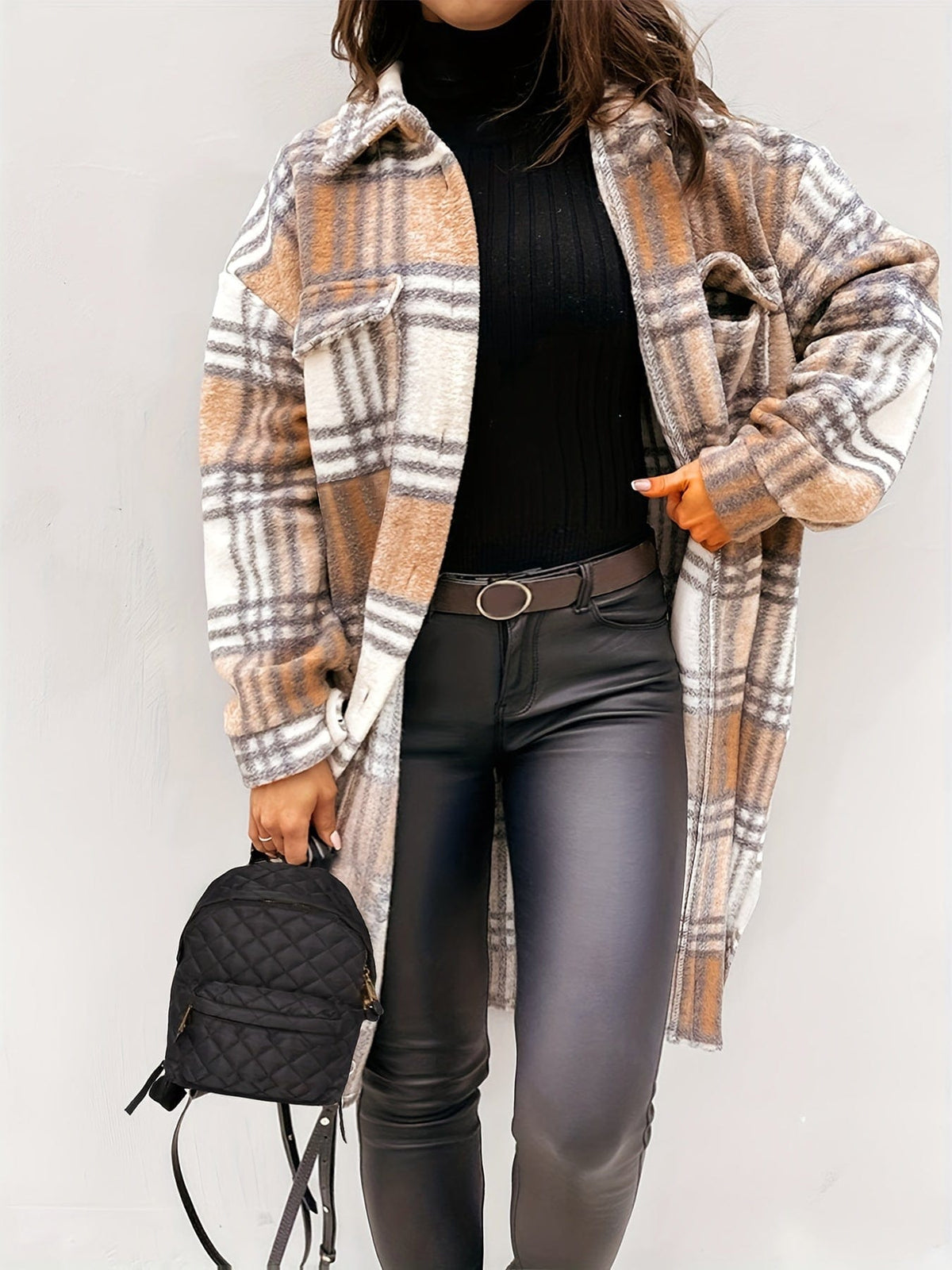 Plus Size Long Sleeve Plaid Coat