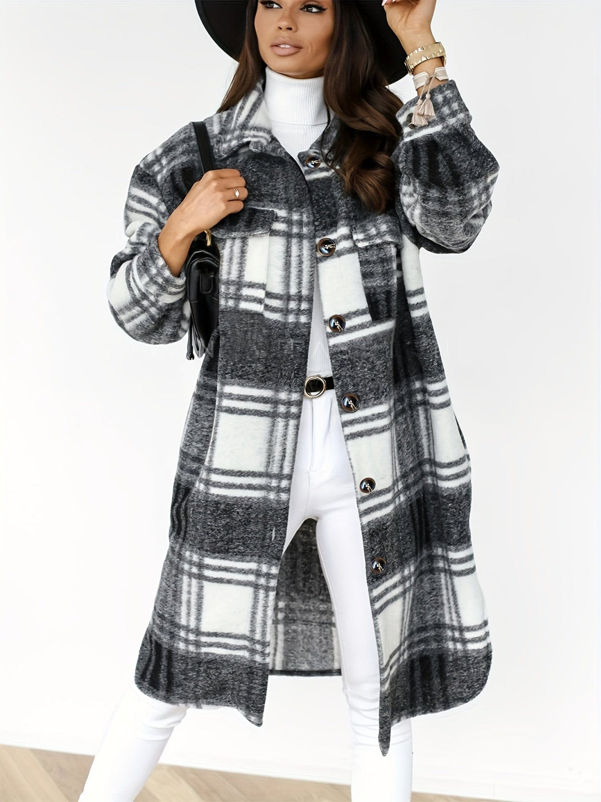 Plus Size Long Sleeve Plaid Coat