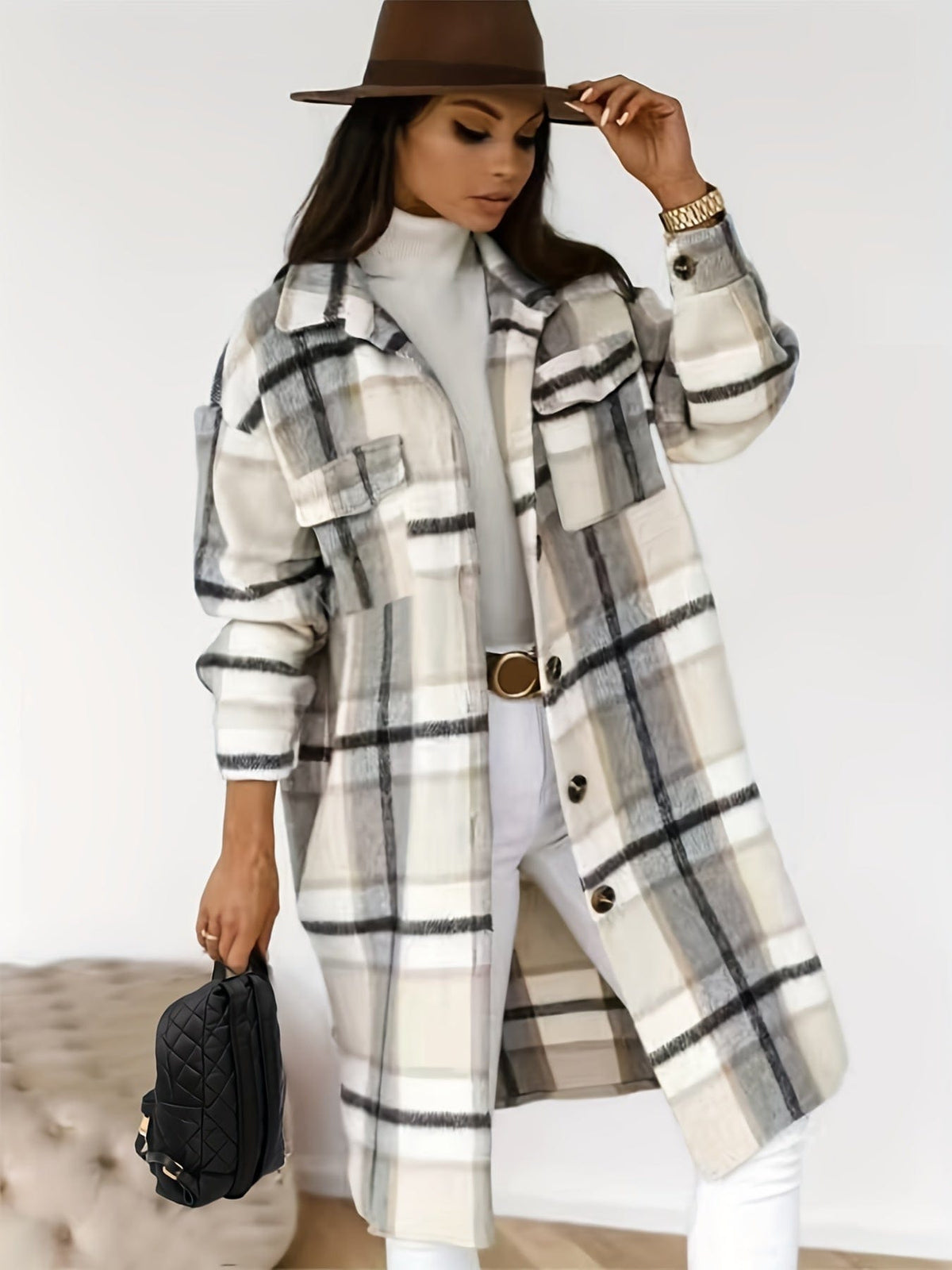 Warm Plaid Overcoat for Plus Size Women