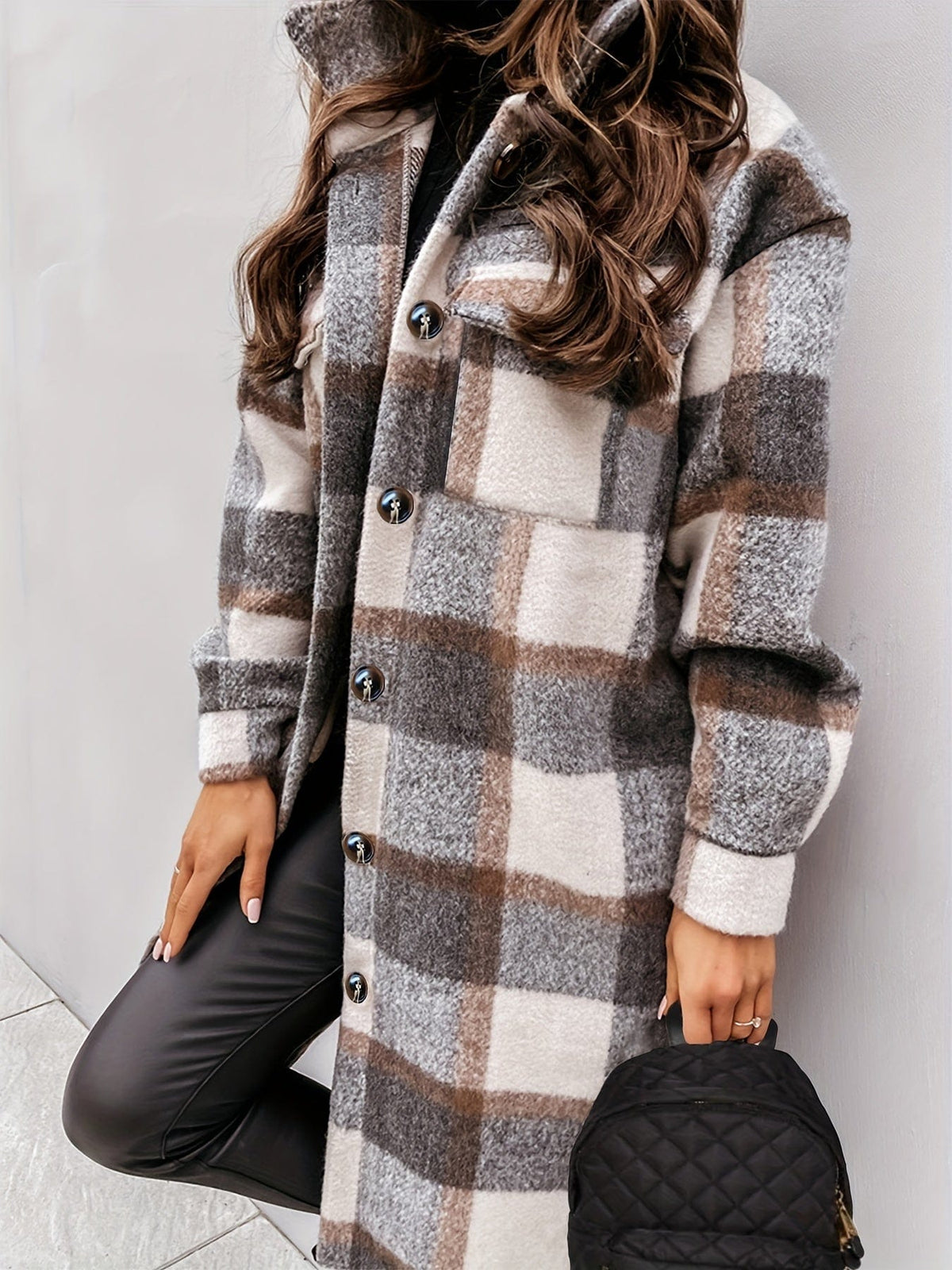 Plus Size Long Sleeve Plaid Coat