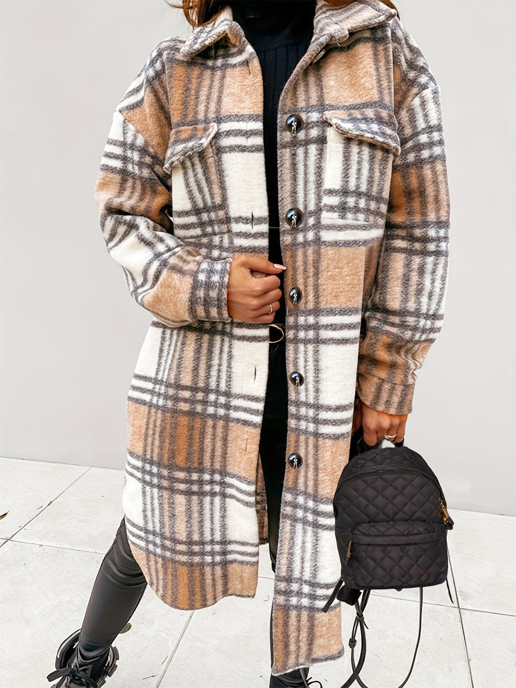 Plus Size Long Sleeve Plaid Coat