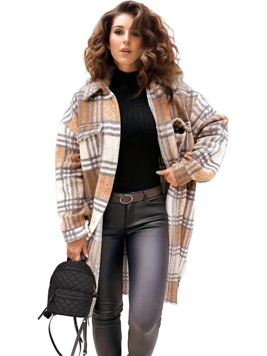 Plus Size Long Sleeve Plaid Coat