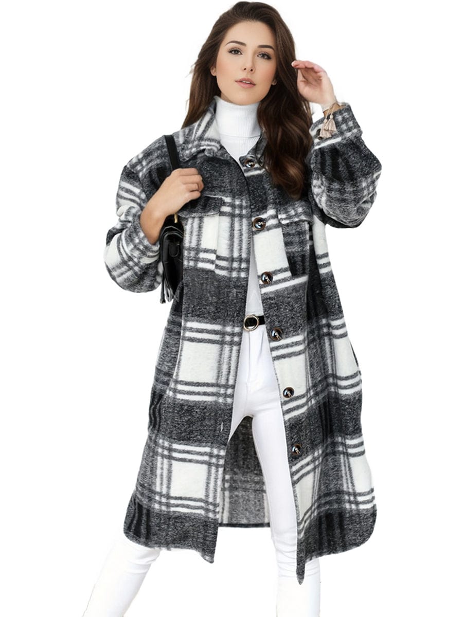 Plus Size Long Sleeve Plaid Coat