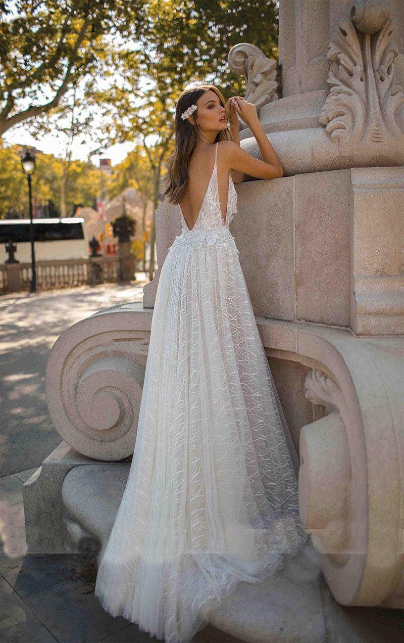 Sparkling A-Line Lace Wedding Dress – Spaghetti Straps, Side Split & Beach Glamour, Custom Made