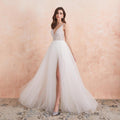 Sexy V-Neck Beaded A-Line Wedding Dress – High Split & Pearl Details, Custom Made