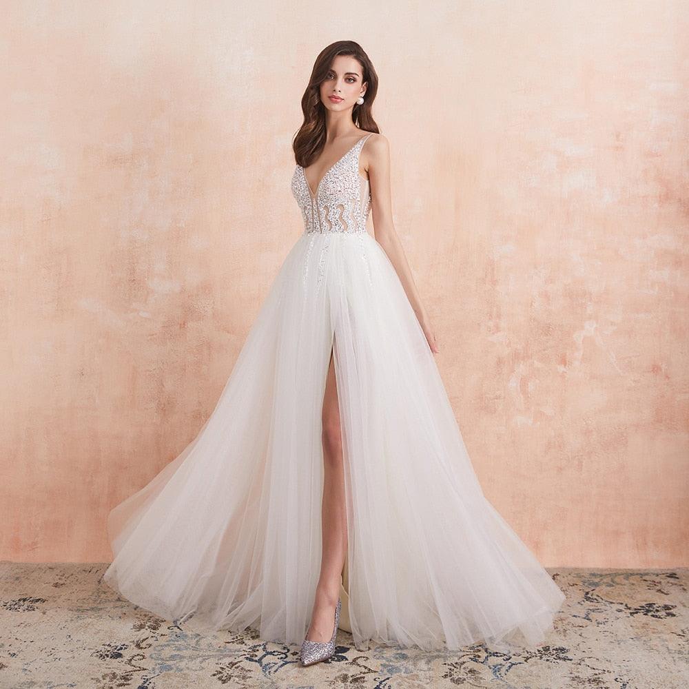 Sexy V-Neck Beaded A-Line Wedding Dress – High Split & Pearl Details, Custom Made