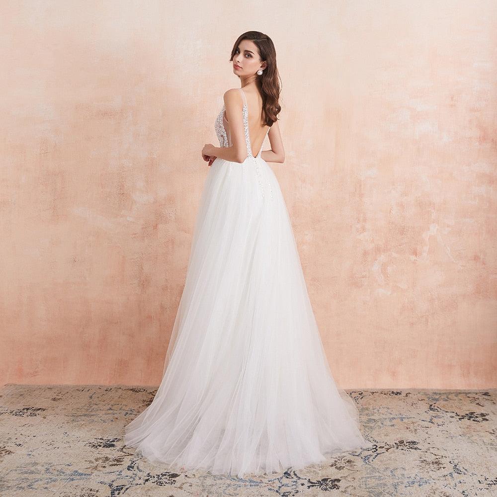 Sexy V-Neck Beaded A-Line Wedding Dress – High Split & Pearl Details, Custom Made