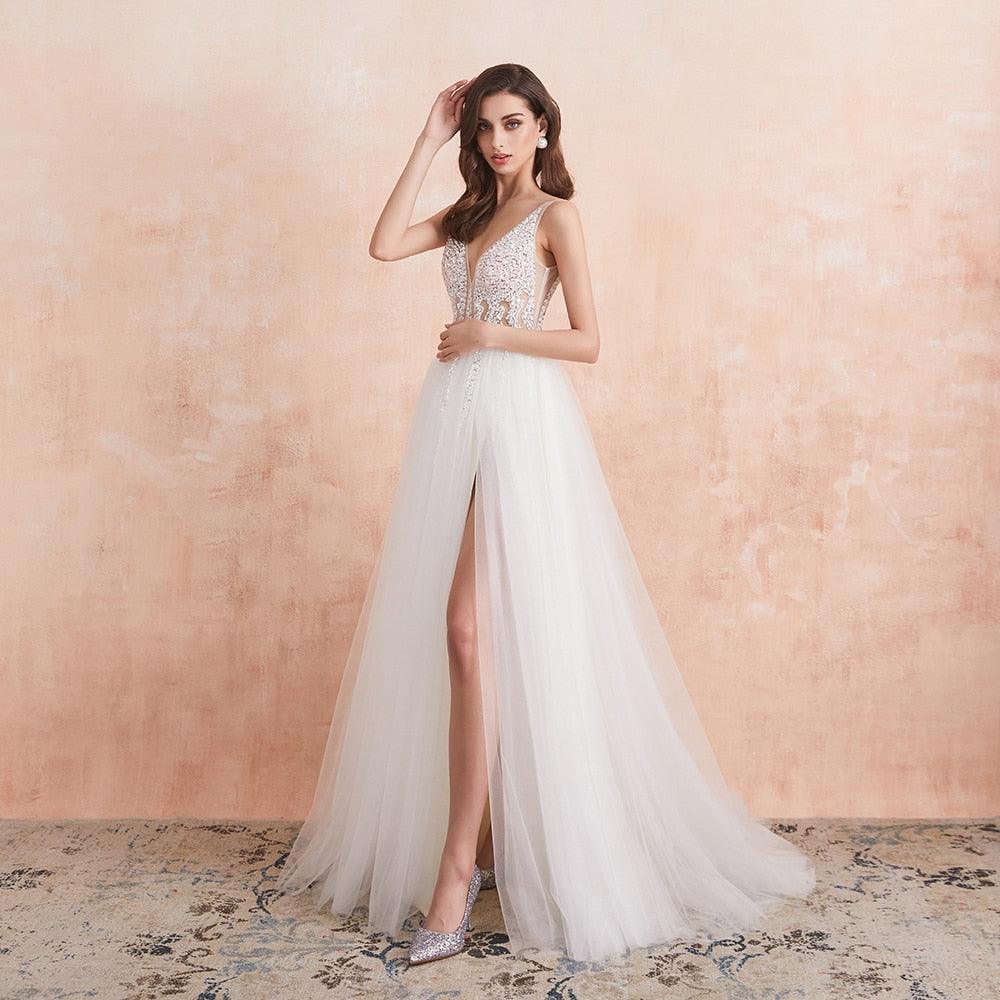 Sexy V-Neck Beaded A-Line Wedding Dress – High Split & Pearl Details, Custom Made