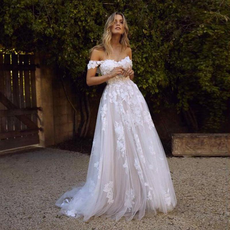 Off-the-Shoulder A-Line Lace Wedding Dress – Romantic Appliqué Detailing, Custom Made