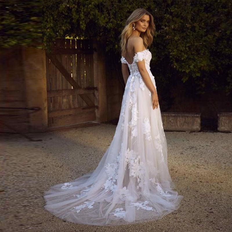 Off-the-Shoulder A-Line Lace Wedding Dress – Romantic Appliqué Detailing, Custom Made