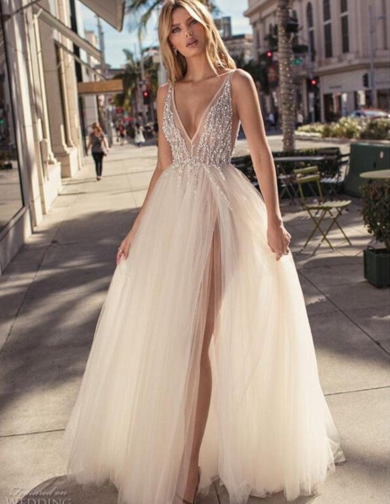 Backless V-Neck Wedding Dress – Sexy High Split Occasion Gown, Custom Made