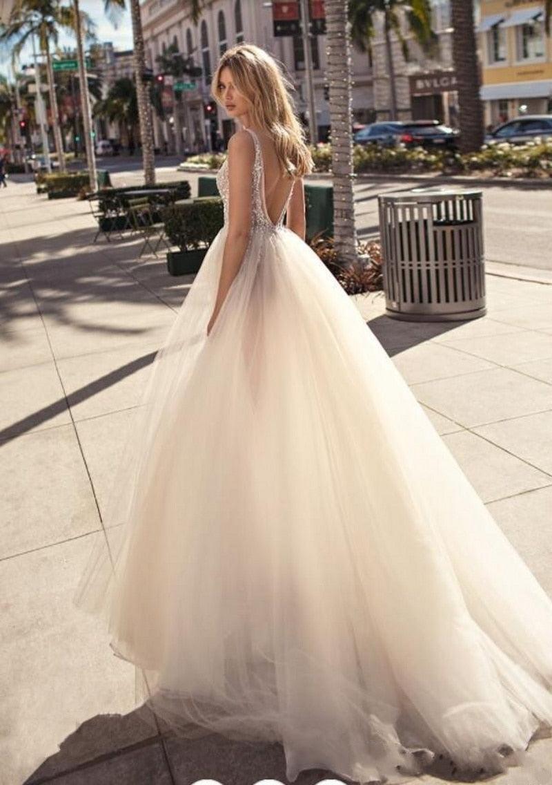 Backless V-Neck Wedding Dress – Sexy High Split Occasion Gown, Custom Made
