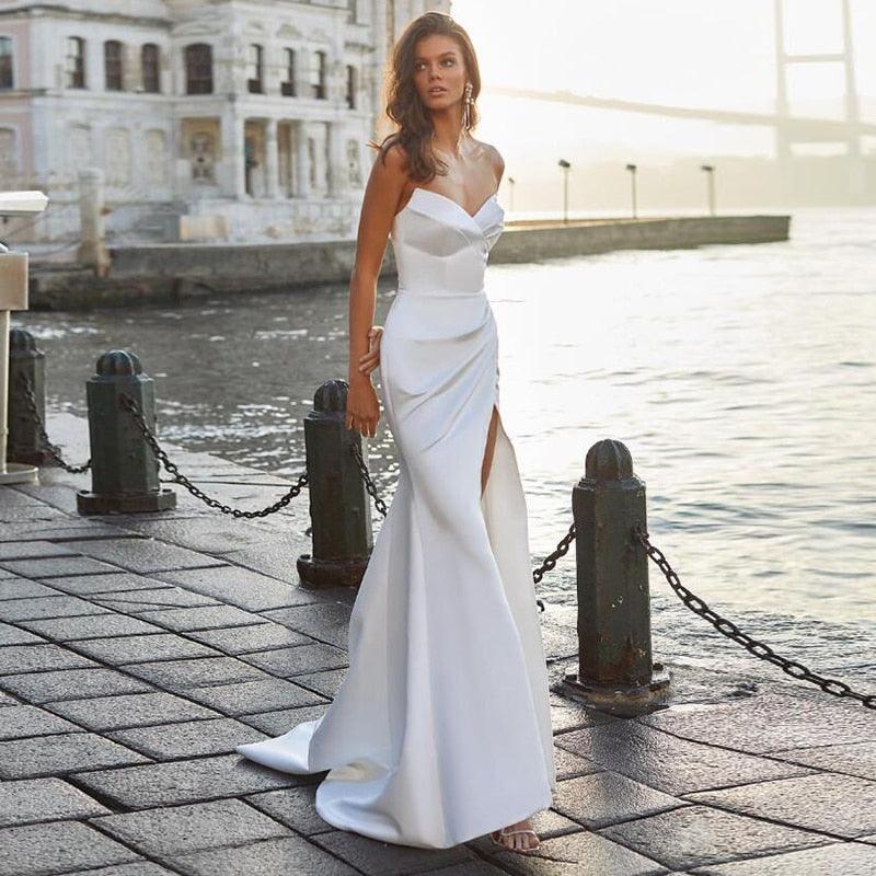 Sexy Boho V-Neck Mermaid Wedding Dress – Pleated Side Split Design, Custom Made