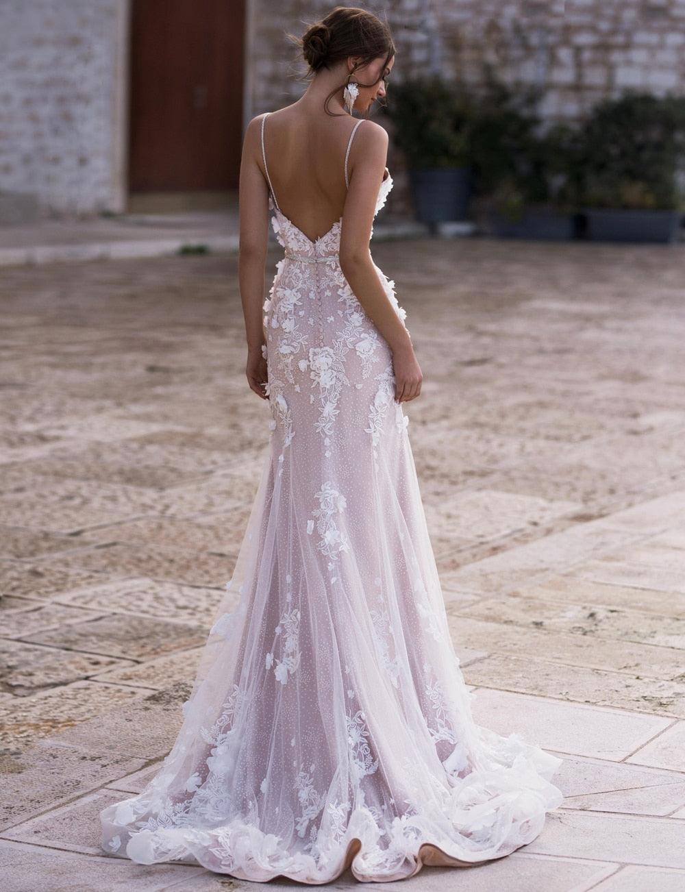 Sexy Deep V-Neck Mermaid Wedding Dress – Spaghetti Straps, Crystal Beading & 3D Appliqués, Custom Made