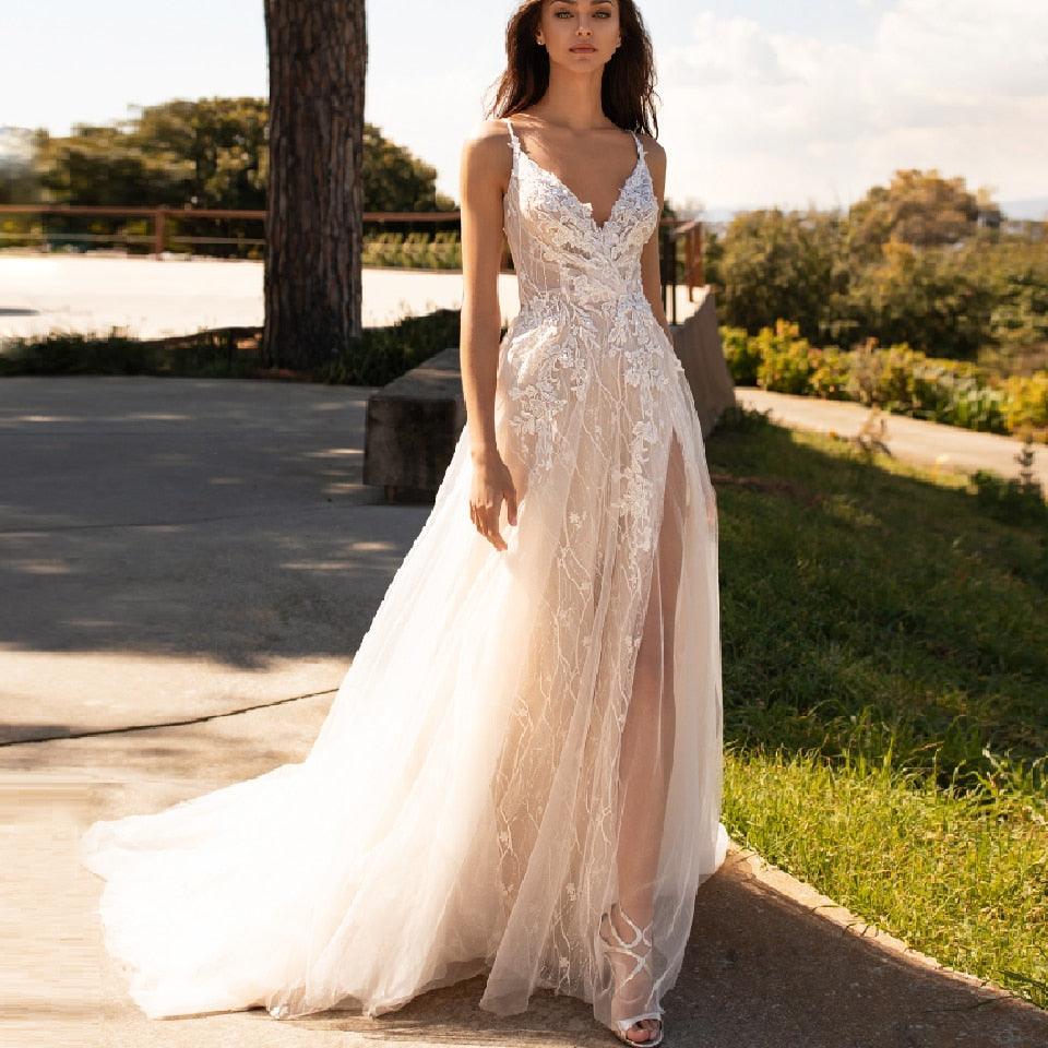 Luxury Beaded Lace Mermaid Wedding Dress – Spaghetti Straps & Bohemian Style, Custom Made