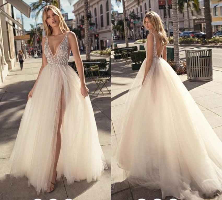 Backless V-Neck Wedding Dress – Sexy High Split Occasion Gown, Custom Made