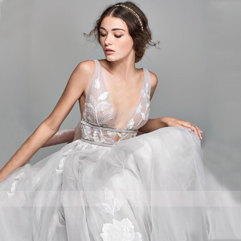3D Floral Lace Appliqué V-Neck Backless A-Line Tulle Wedding Dress – Ethereal & Romantic, Custom Made