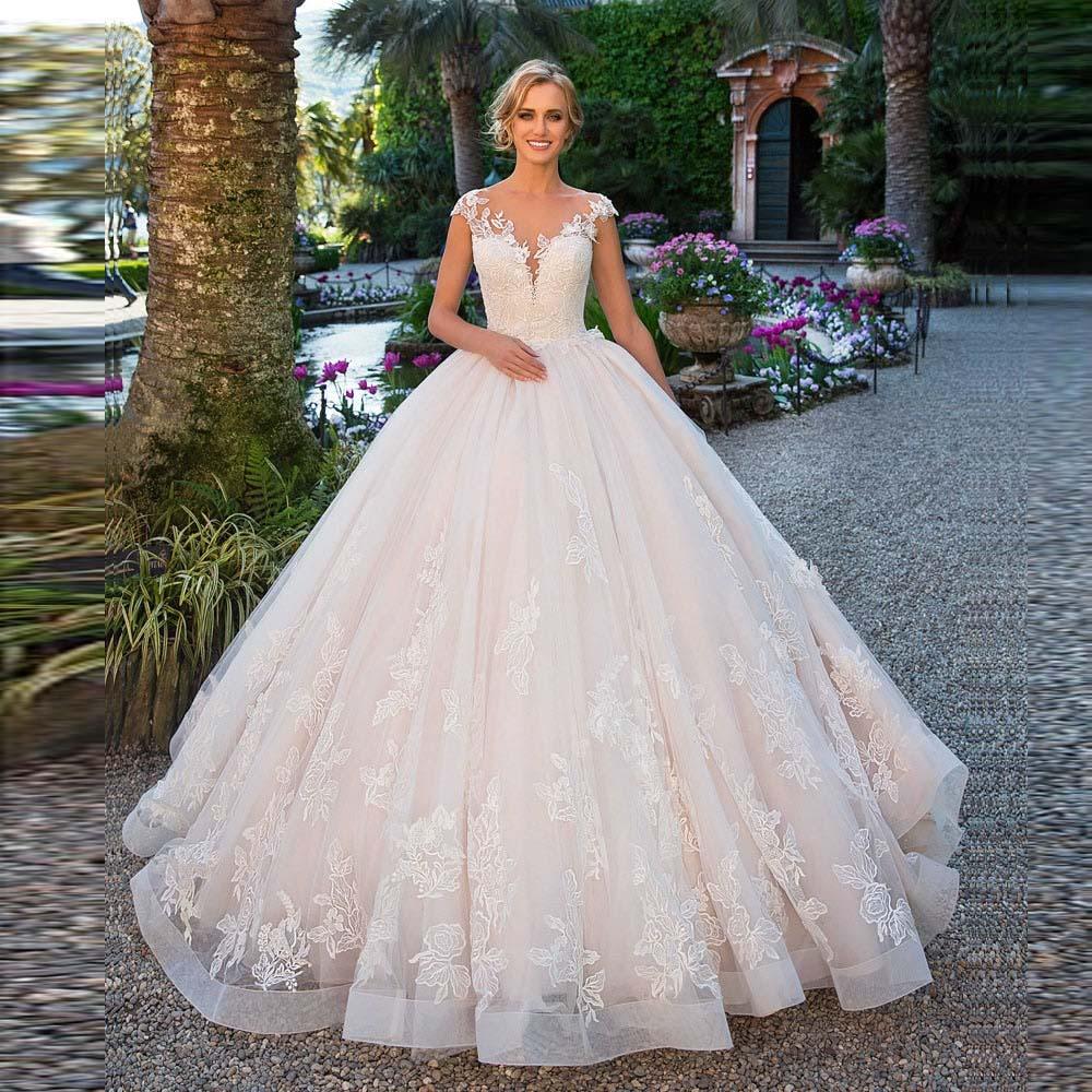 V-Neck 3D Floral Ball Gown Wedding Dress – Lace Appliqués & Princess Train, Custom Made