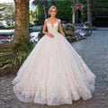 V-Neck 3D Floral Ball Gown Wedding Dress – Lace Appliqués & Princess Train, Custom Made