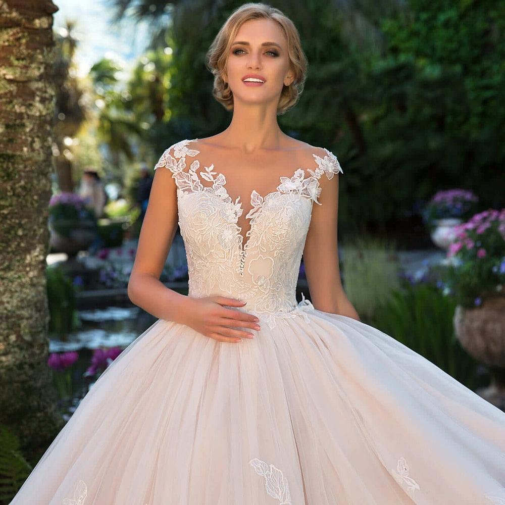 V-Neck 3D Floral Ball Gown Wedding Dress – Lace Appliqués & Princess Train, Custom Made