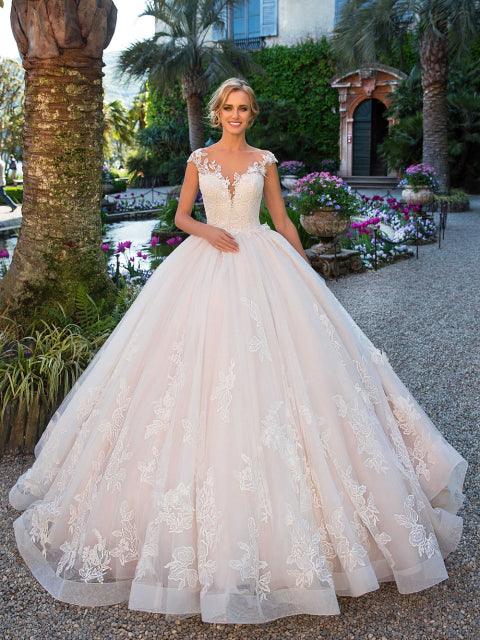 V-Neck 3D Floral Ball Gown Wedding Dress – Lace Appliqués & Princess Train, Custom Made