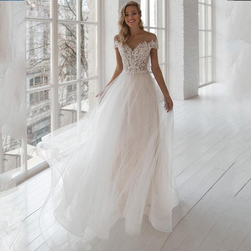 Pearl Beaded Lace Appliqué Tulle Wedding Dress – Bohemian A-Line Design, Custom Made