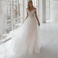 Pearl Beaded Lace Appliqué Tulle Wedding Dress – Bohemian A-Line Design, Custom Made