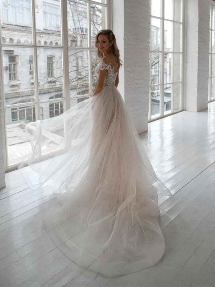 Pearl Beaded Lace Appliqué Tulle Wedding Dress – Bohemian A-Line Design, Custom Made